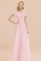 Elegant V Neck Short Sleeves Chiffon A-line Long Blushing Pink Bridesmaid Dress