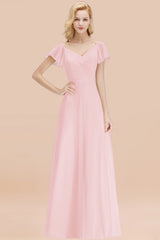 Elegant V Neck Short Sleeves Chiffon A-line Long Blushing Pink Bridesmaid Dress