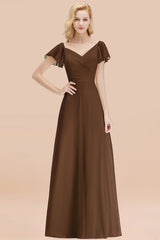 Elegant V Neck Short Sleeves Chiffon A-line Long Brown Bridesmaid Dress