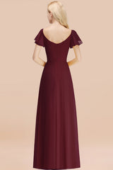 Elegant V Neck Short Sleeves Chiffon A-line Long Burgundy Bridesmaid Dress