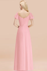 Elegant V Neck Short Sleeves Chiffon A-line Long Candy Pink Bridesmaid Dress