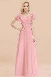 Elegant V Neck Short Sleeves Chiffon A-line Long Candy Pink Bridesmaid Dress