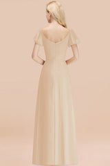 Elegant V Neck Short Sleeves Chiffon A-line Long Champagne Bridesmaid Dress