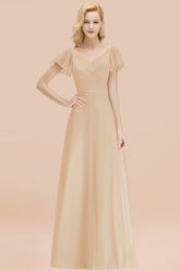 Elegant V Neck Short Sleeves Chiffon A-line Long Champagne Bridesmaid Dress
