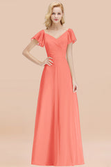 Elegant V Neck Short Sleeves Chiffon A-line Long Coral Bridesmaid Dress