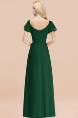 Elegant V Neck Short Sleeves Chiffon A-line Long Dark Green Bridesmaid Dress