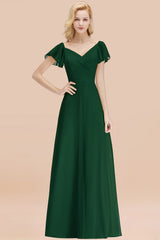Elegant V Neck Short Sleeves Chiffon A-line Long Dark Green Bridesmaid Dress