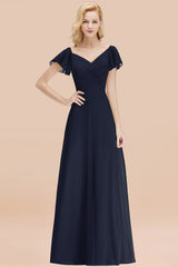 Elegant V Neck Short Sleeves Chiffon A-line Long Dark Navy Bridesmaid Dress