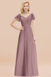 Elegant V Neck Short Sleeves Chiffon A-line Long Dusk Bridesmaid Dress