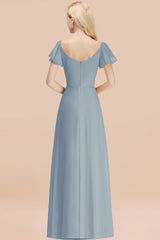 Elegant V Neck Short Sleeves Chiffon A-line Long Dusty Blue Bridesmaid Dress
