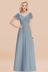 Elegant V Neck Short Sleeves Chiffon A-line Long Dusty Blue Bridesmaid Dress