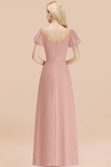 Elegant V Neck Short Sleeves Chiffon A-line Long Dusty Rose Bridesmaid Dress