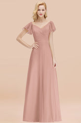 Elegant V Neck Short Sleeves Chiffon A-line Long Dusty Rose Bridesmaid Dress
