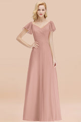 Elegant V Neck Short Sleeves Chiffon A-line Long Dusty Rose Bridesmaid Dress