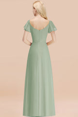 Elegant V Neck Short Sleeves Chiffon A-line Long Dusty Sage Bridesmaid Dress