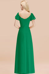 Elegant V Neck Short Sleeves Chiffon A-line Long Emerald Bridesmaid Dress