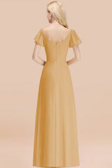 Elegant V Neck Short Sleeves Chiffon A-line Long Gold Bridesmaid Dress