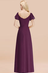 Elegant V Neck Short Sleeves Chiffon A-line Long Grape Bridesmaid Dress