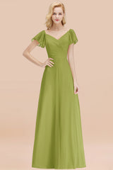 Elegant V Neck Short Sleeves Chiffon A-line Long Green Bridesmaid Dress