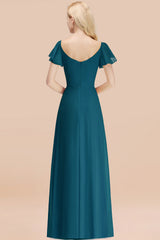 Elegant V Neck Short Sleeves Chiffon A-line Long Ink Blue Bridesmaid Dress