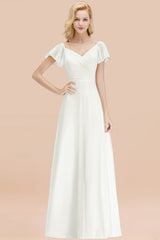Elegant V Neck Short Sleeves Chiffon A-line Long Ivory Bridesmaid Dress