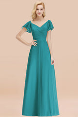 Elegant V Neck Short Sleeves Chiffon A-line Long Jade Bridesmaid Dress