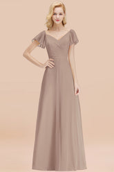 Elegant V Neck Short Sleeves Chiffon A-line Long Khaki Bridesmaid Dress