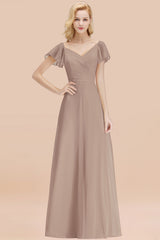 Elegant V Neck Short Sleeves Chiffon A-line Long Khaki Bridesmaid Dress