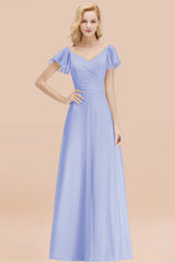 Elegant V Neck Short Sleeves Chiffon A-line Long Lavender Bridesmaid Dress