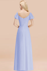 Elegant V Neck Short Sleeves Chiffon A-line Long Lavender Bridesmaid Dress
