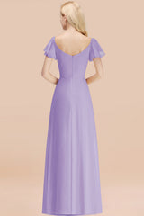 Elegant V Neck Short Sleeves Chiffon A-line Long Lilac Bridesmaid Dress