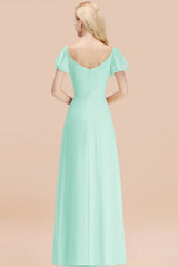 Elegant V Neck Short Sleeves Chiffon A-line Long Mint Bridesmaid Dress
