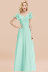Elegant V Neck Short Sleeves Chiffon A-line Long Mint Bridesmaid Dress
