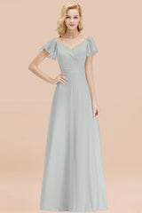 Elegant V Neck Short Sleeves Chiffon A-line Long Mist Bridesmaid Dress