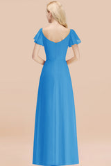 Elegant V Neck Short Sleeves Chiffon A-line Long Ocean Blue Bridesmaid Dress