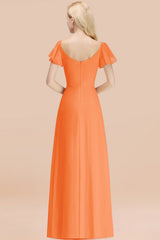 Elegant V Neck Short Sleeves Chiffon A-line Long Orange Bridesmaid Dress