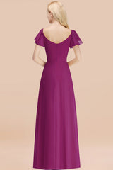 Elegant V Neck Short Sleeves Chiffon A-line Long Orchid Bridesmaid Dress