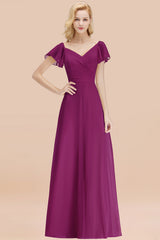 Elegant V Neck Short Sleeves Chiffon A-line Long Orchid Bridesmaid Dress