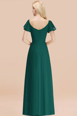 Elegant V Neck Short Sleeves Chiffon A-line Long Peacock Bridesmaid Dress