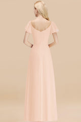 Elegant V Neck Short Sleeves Chiffon A-line Long Pearl Pink Bridesmaid Dress