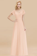 Elegant V Neck Short Sleeves Chiffon A-line Long Pearl Pink Bridesmaid Dress