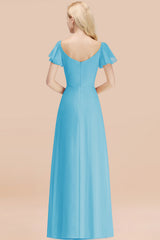 Elegant V Neck Short Sleeves Chiffon A-line Long Pool Bridesmaid Dress