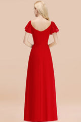 Elegant V Neck Short Sleeves Chiffon A-line Long Red Bridesmaid Dress