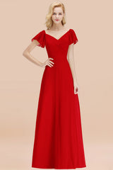 Elegant V Neck Short Sleeves Chiffon A-line Long Red Bridesmaid Dress