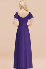 Elegant V Neck Short Sleeves Chiffon A-line Long Regency Bridesmaid Dress