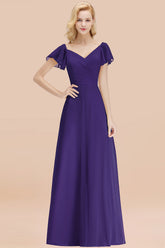 Elegant V Neck Short Sleeves Chiffon A-line Long Regency Bridesmaid Dress