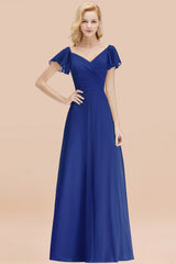 Elegant V Neck Short Sleeves Chiffon A-line Long Royal Blue Bridesmaid Dress