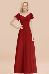 Elegant V Neck Short Sleeves Chiffon A-line Long Rust Bridesmaid Dress