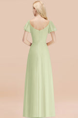 Elegant V Neck Short Sleeves Chiffon A-line Long Sage Bridesmaid Dress