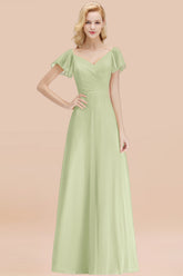 Elegant V Neck Short Sleeves Chiffon A-line Long Sage Bridesmaid Dress